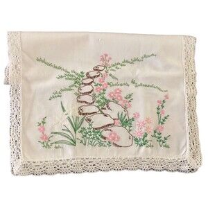 Vanity Dresser Embroidered Scarf Rectangle Edged In Lace Vintage